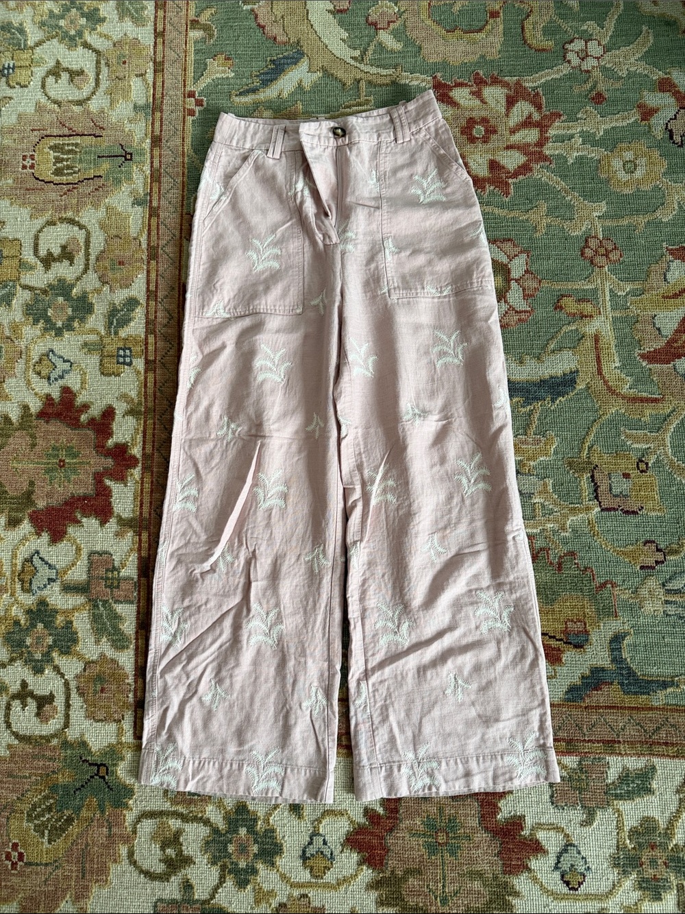 Zara Light Pink Wide-Leg Embroidered Cotton Pants